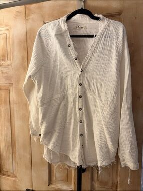 We The Free White Textured Frayed Button-Down Shirt